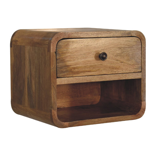 mini oak ish wall mounted bedside with open slot