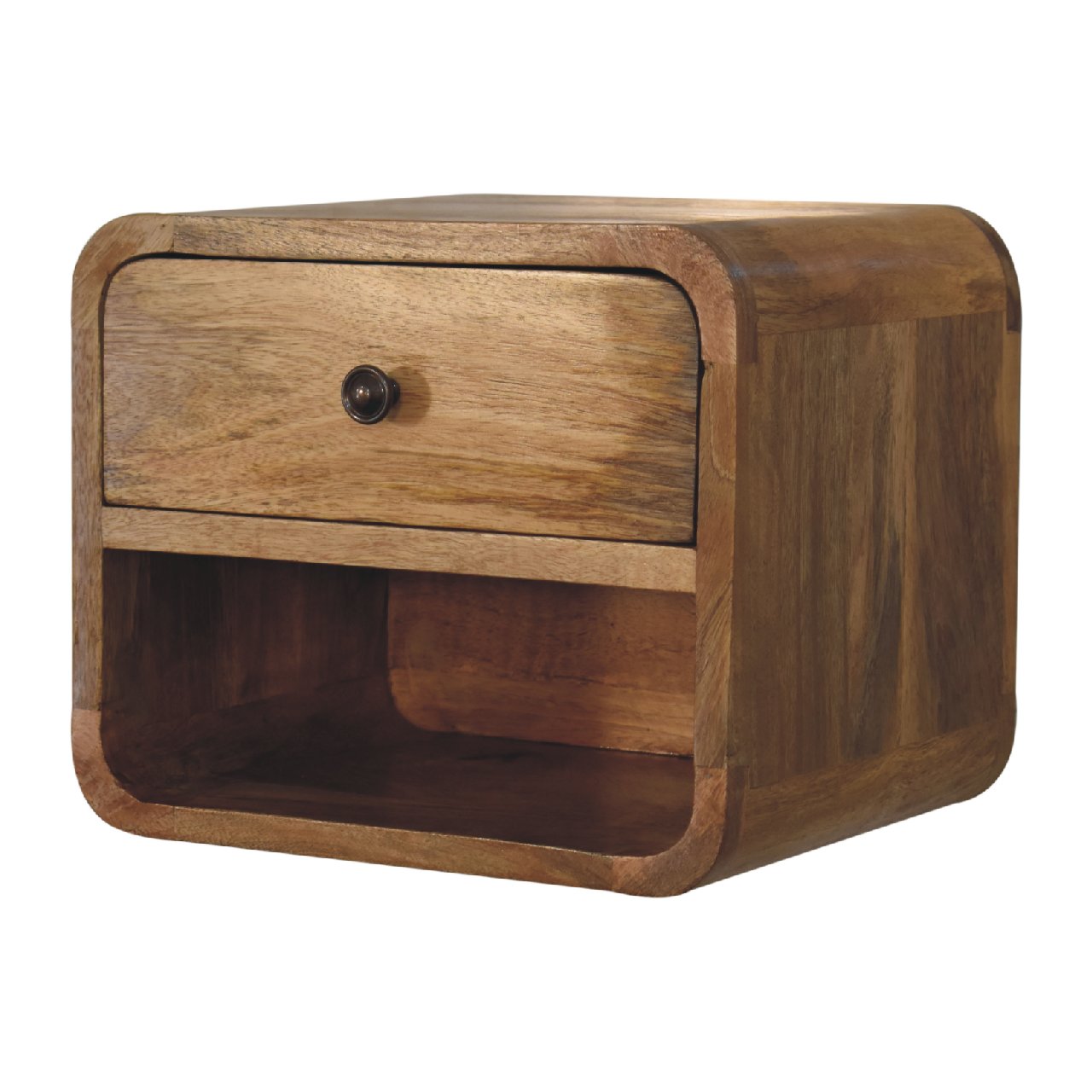 mini oak ish wall mounted bedside with open slot