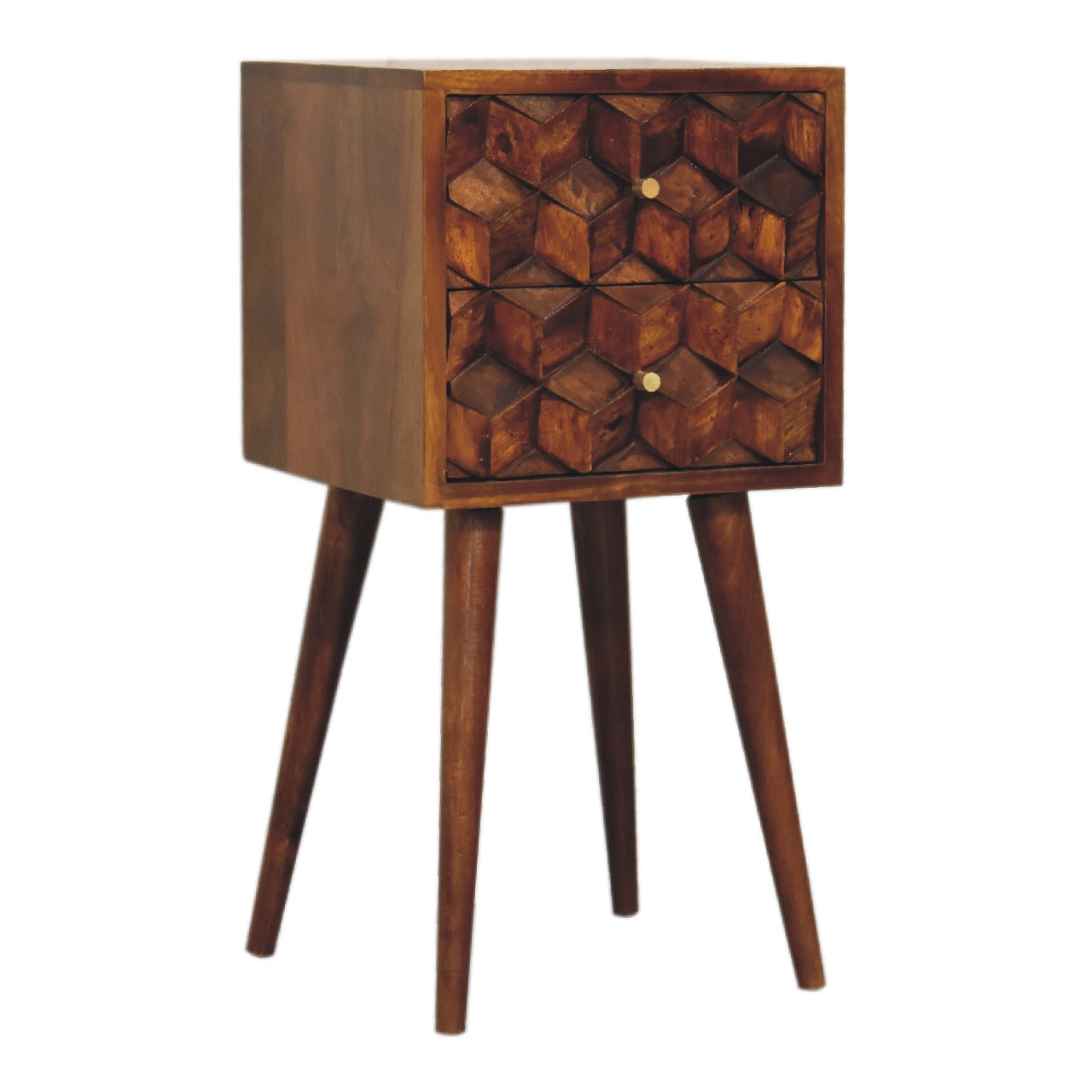 mini chestnut cube carved 2 drawer bedside