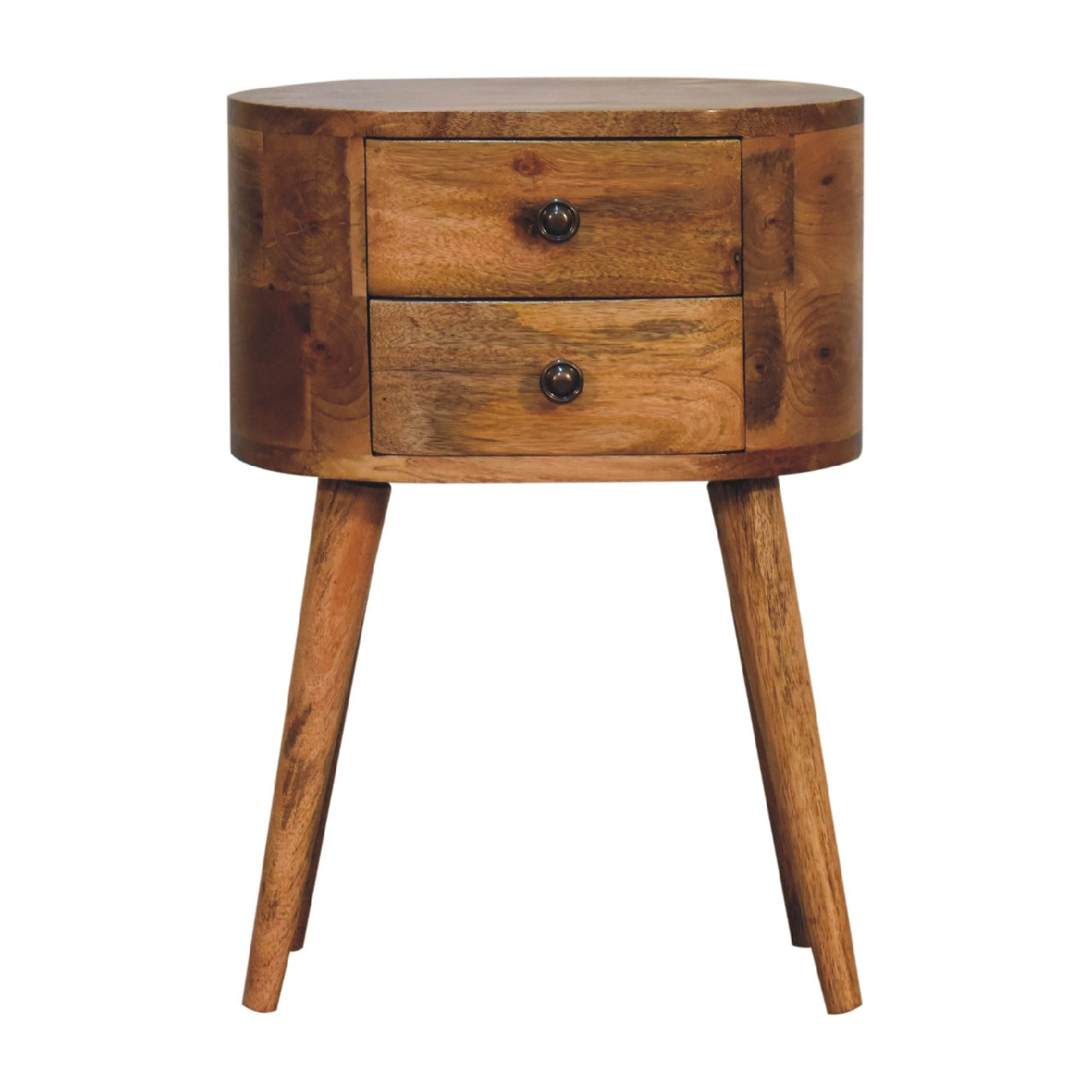 mini oak ish rounded bedside table
